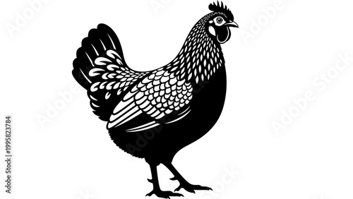 Black and White Silhouette of a Chicken Standing on a White Background