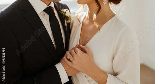 Elegant bride and groom holding hands closely on their wedding day in warm, soft light for a romantic marriage concept and togetherness