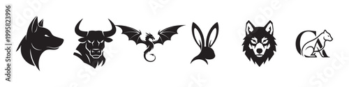 Black animal icons set including dog bull bat rabbit wolf and cat Vector