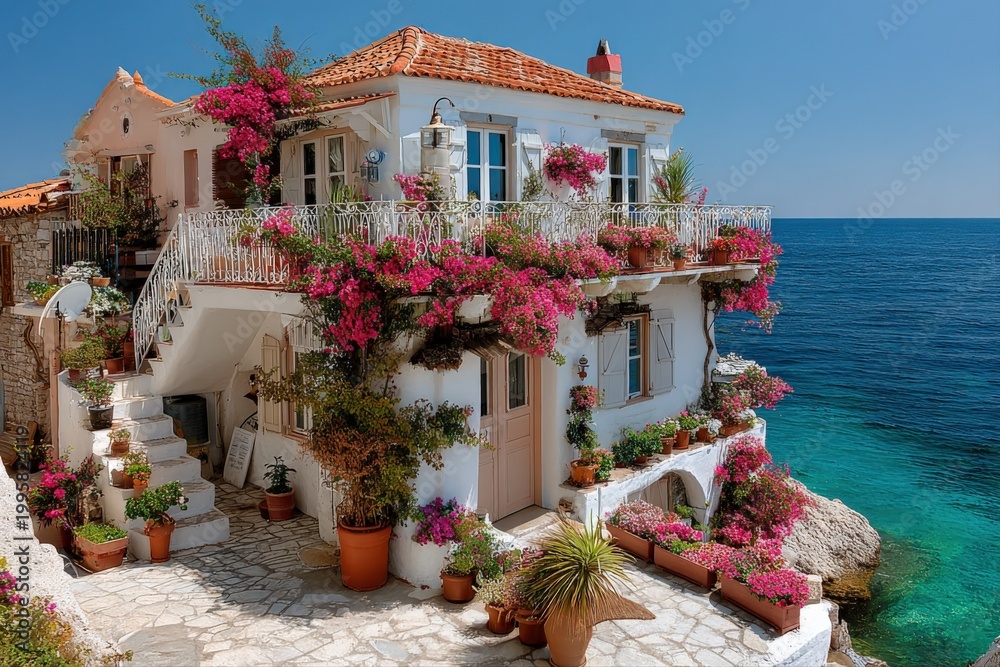 Fototapeta premium Charming Mediterranean Villa Adorned with Vibrant Pink Flowers Overlooking a Crystal Clear Azure Sea