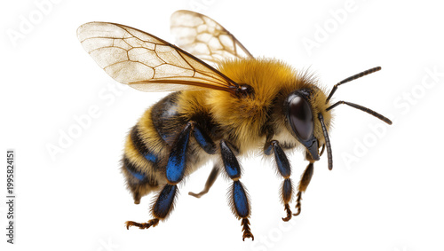 Tableau sur toile Fuzzy blue-legged bumblebee with golden wings and black stripes