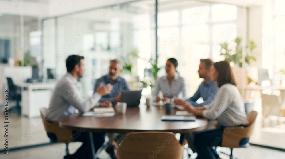 Fototapeta premium Soft of blurred people meeting at table, Abstract blurred office interior space background, Business concept.