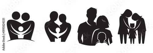 Black silhouettes of people hugging in various poses Vector