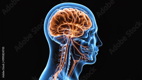 Detailed Medical Illustration of Human Brain with Highlighted Area in Side Profile