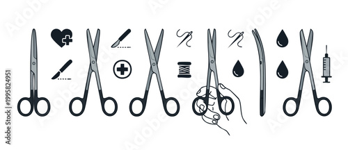 Surgical Scissors Medical Tools Set, Healthcare Equipment Icons, Doctor and Hospital Supplies Collection, Professional Clinical Instruments for Operation and Surgery Procedures, Minimalist Vector Illu
