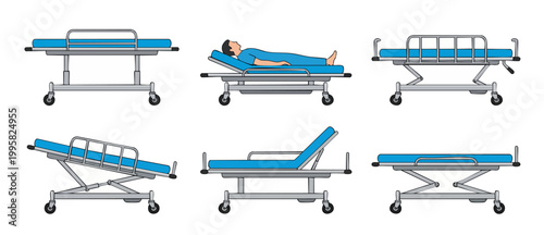 Hospital Stretcher Bed Icons Set, Medical Patient Gurney Collection in Various Positions for Emergency Transport, Clinical Equipment Vector Illustration on White Background for Healthcare Facilities D