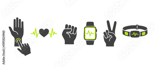 Smartwatch fitness health tracking icons, heart rate monitor and pulse sensors, digital activity data symbols for wearable technology, workout progress tracking and wellness statistics set isolated on