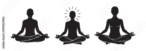 Black silhouettes of people meditating in lotus position Vector