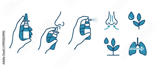 Nasal spray instruction icon set, medical procedure for cold and allergy treatment. Hand using saline sprayer to clear congestion, breathing, respiratory relief, flat blue line illustration vector