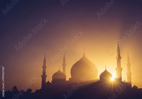 Mosque Silhouette at Sunset with Sunburst and Golden Sky