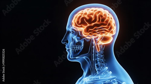 Detailed Medical Illustration of Human Brain and Nervous System in Side Profile View with Digital Rendering
