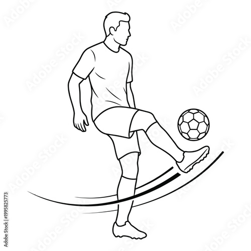 Soccer Player Controlling Ball with Skillful Footwork, Minimalist Line Art Vector Illustration of Football Athlete Action for Sports Branding, Coaching Manuals and Athletic Graphic Design