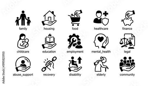 Social service icons representing care and support topics on white