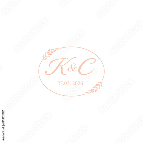 Elegant Wedding Monogram Logo K & C with Floral Frame and Date – Minimal Luxury Initials Design