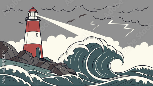 Lighthouse beam shining over a stormy ocean with giant waves and lightning