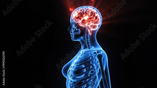 Medical Illustration of Human Brain and Skeleton with Neural Activation in Side Profile View