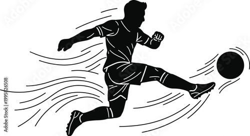 Soccer Player Jumping and Kicking Ball Silhouette with Speed Lines, Dynamic Football Athlete Action Vector for Sports Tournament Branding and Athletic Apparel Design
