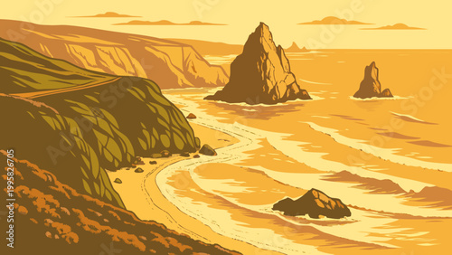 Stylized coastal landscape with rocky sea stacks at golden hour, landscape