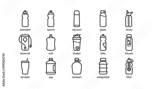 Water bottle and container icons displayed in grid layout