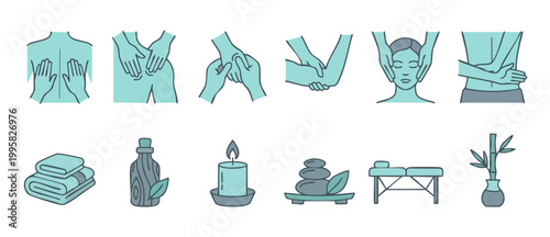Massage therapy icons set, spa treatment and body wellness symbols, professional bodywork techniques, relaxation and health care flat vector collection for beauty salon, stress relief and holistic hea