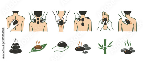 Hot Stone Massage Therapy Icons Set, Professional Spa Treatment Collection for Back, Neck and Foot Relief, Vector Illustration of Wellness Practices, Holistic Relaxation Concepts on White Background