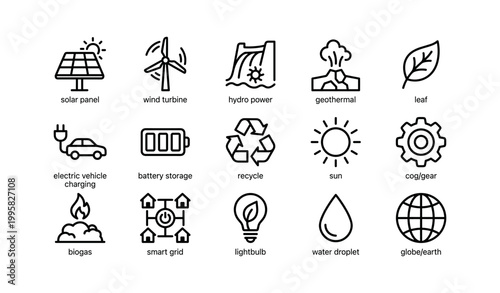 Renewable energy and sustainability icons on white background