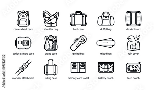 Camera and travel bag icons displaying cases and accessories on white