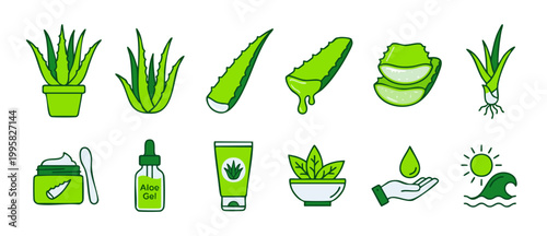 Aloe Vera Icons Set: Skin Care, Organic Gel, Natural Cosmetics and Plant Elements. Vector flat line illustrations of succulent leaves, moisturizer tubes and health treatment symbols for beauty design.