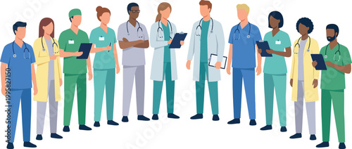 Doctors and nurses stand in a diverse professional line to showcase a unified medical team dedicated to patient care.