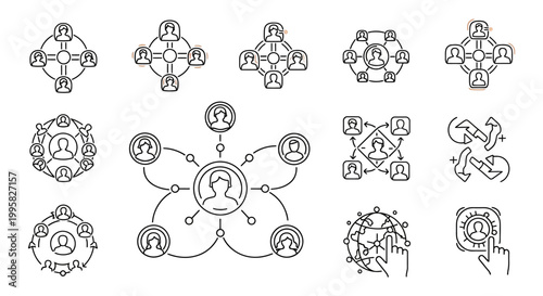 A collection of line-drawn social network and communication icons.