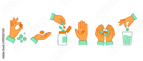 Hands holding medicine pills icons set for medical healthcare and pharmacy treatment concept, flat vector illustration showing daily vitamin dosage, prescription drugs, taking tablets with water glass
