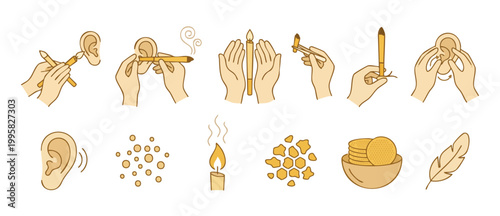 Ear Candle Therapy Set, Holistic Ear Wax Removal Procedure Icons, Alternative Medicine Treatment, Natural Wax Candles, Handdrawn Medical Infographic Elements for Wellness Spa and Alternative Healthcar