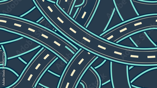 Futuristic road network with glowing neon lines in dark digital space