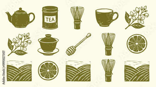 Tea culture linocut stamp set: organic green teapot, matcha whisk, and plantation landscape elements