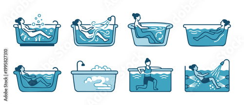 Bathtub Hydrotherapy Icons Set, Woman Relaxing in Hot Tub, Spa Wellness Treatment, Water Jets Massage, Physiotherapy Rehabilitation, Aquatic Exercise, Minimalist Blue Vector Graphic for Health and Med