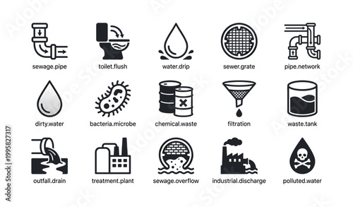 Water and sewage icons arranged in grid on white background