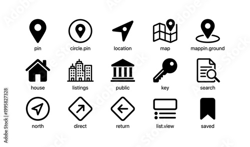Map and navigation icons displayed in grid on white background