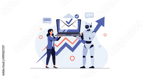Businesswoman and robot partner holding a laptop with an email notification showing a checkmark and a rising growth arrow.