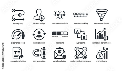 Marketing and user experience icons arranged in grid layout