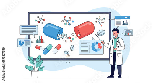 Professional doctor in a white coat pointing to a large screen displaying pharmaceutical data and medical pill capsules.