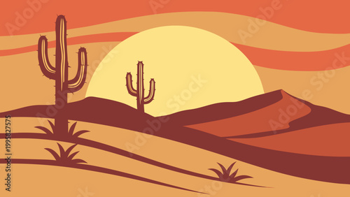 Sunset desert landscape with sand dunes and cacti landscape wilderness