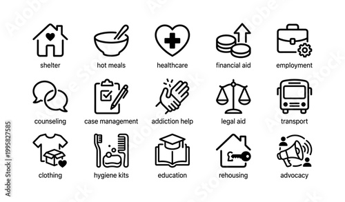 Social services icons showing support programs on white background