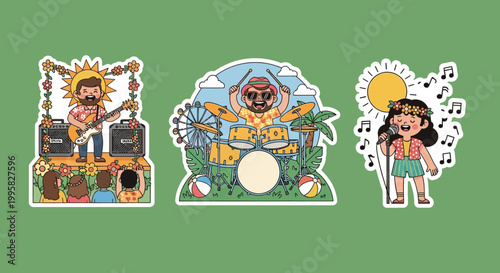 Hawaiian Musicians Performing with Instruments and Singing Songs on Stage.