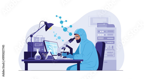 Scientist wearing a full blue hazmat suit looking through a microscope in a high-tech laboratory with data and glassware.