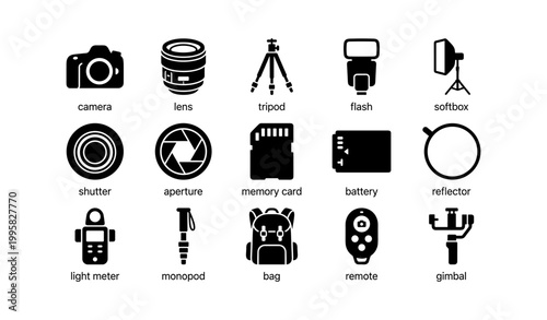 Photography equipment icons arranged in labeled grid layout