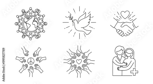 Line drawings of various love and peace symbols.