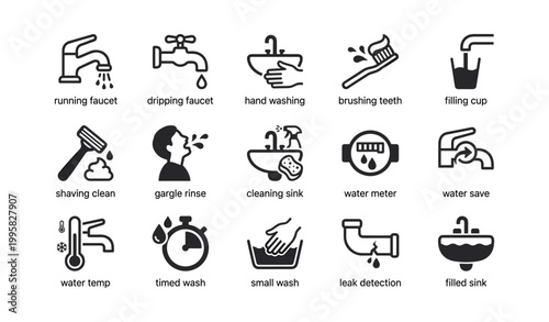 Collection of water and plumbing icons showing faucet and sink actions