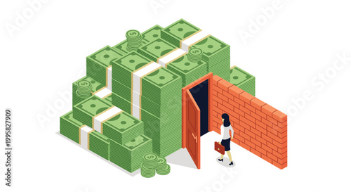 Businesswoman with a briefcase walking through an open door in a giant wall made of stacks of paper money banknotes.