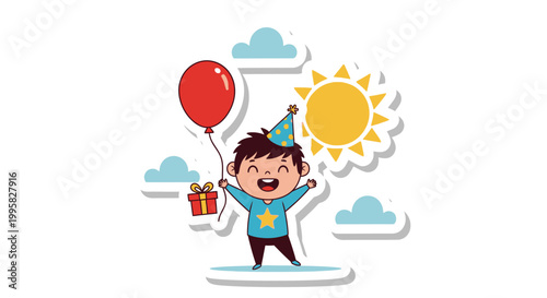 Joyful Child Celebrates Birthday with Balloon and Gift Box.
