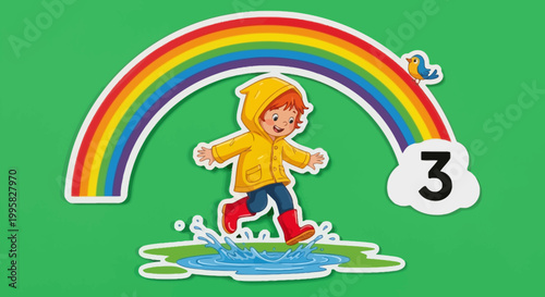Joyful Child in Yellow Raincoat Plays Under a Colorful Rainbow.